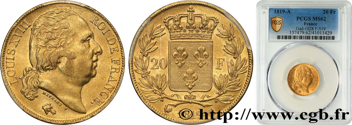 20 francs or Louis XVIII, tête nue 1819 Paris F.519/15 VZ62 PCGS