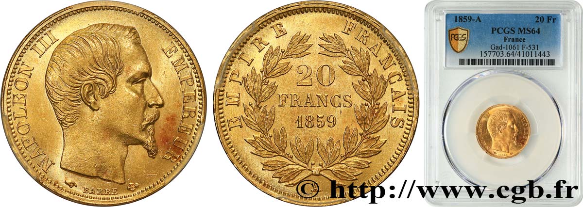 20 francs or Napoléon III, tête nue 1859 Paris F.531/15 SC64 PCGS