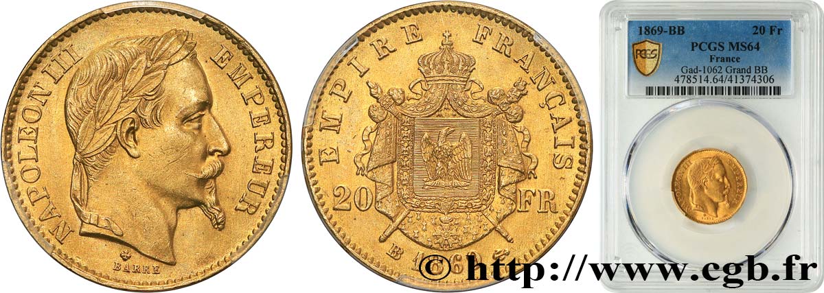 20 francs or Napoléon III, tête laurée, grand BB 1869 Strasbourg F.532/22 SPL64 PCGS