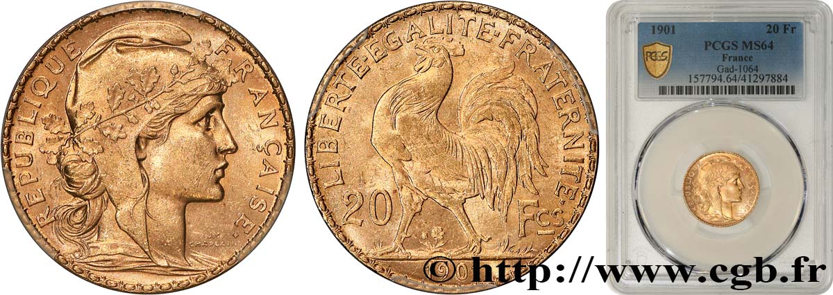 20 francs or Coq, Dieu protège la France 1901 Paris F.534/6 SC64 PCGS