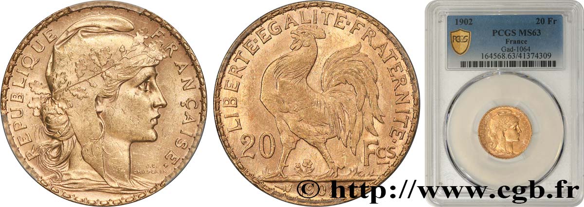 20 francs or Coq, Dieu protège la France 1902 Paris F.534/7 MS63 PCGS