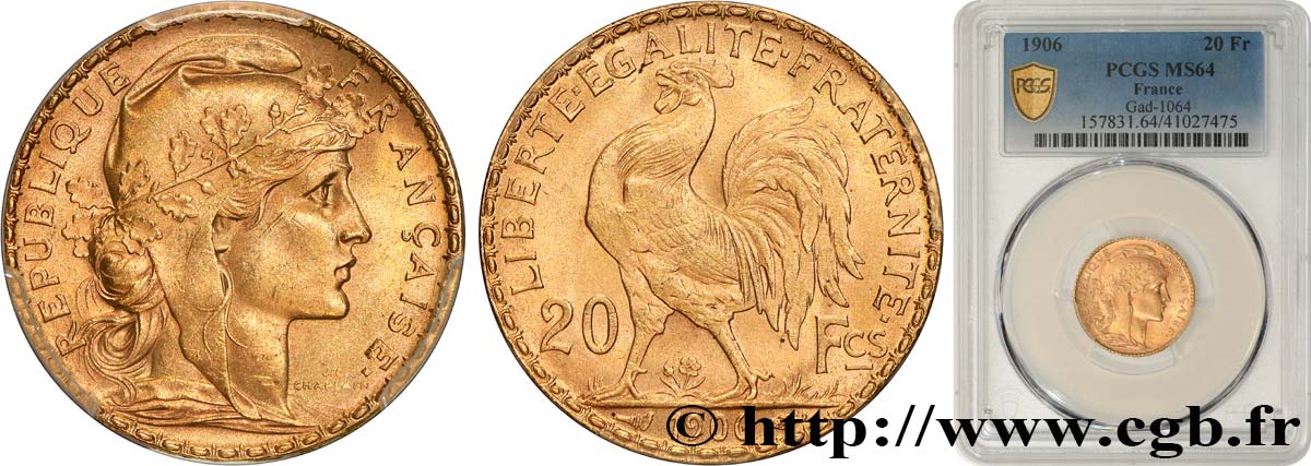 20 francs or Coq, Dieu protège la France 1906 Paris F.534/11 MS64 PCGS