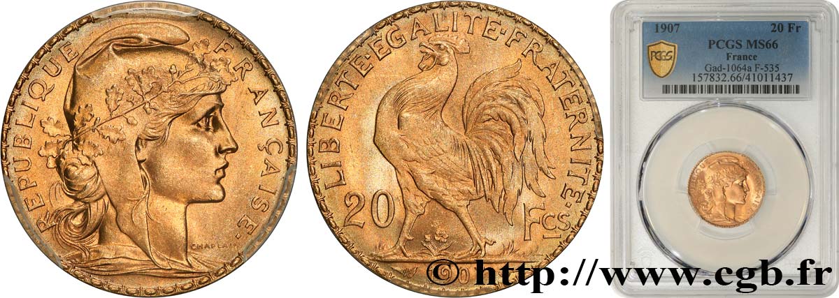 20 francs or Coq, Liberté Égalité Fraternité 1907 Paris F.535/1 FDC66 PCGS