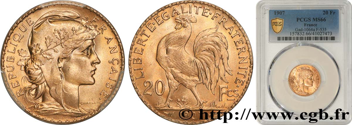 20 francs or Coq, Liberté Égalité Fraternité 1907 Paris F.535/1 ST66 PCGS