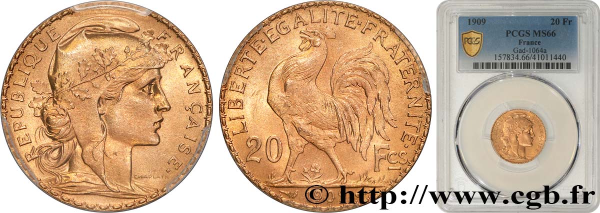 20 francs or Coq, Liberté Égalité Fraternité 1909 Paris F.535/3 MS66 PCGS