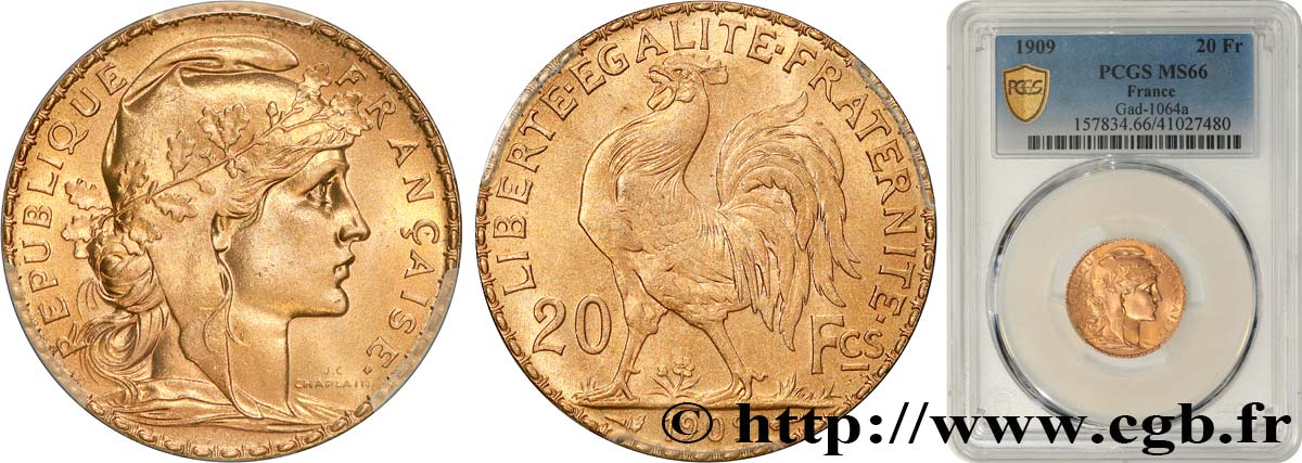 20 francs or Coq, Liberté Égalité Fraternité 1909 Paris F.535/3 ST66 PCGS