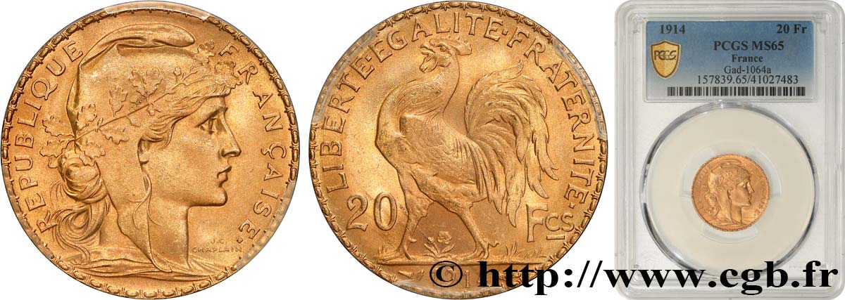 20 francs or Coq, Liberté Égalité Fraternité 1914 Paris F.535/8 FDC65 PCGS