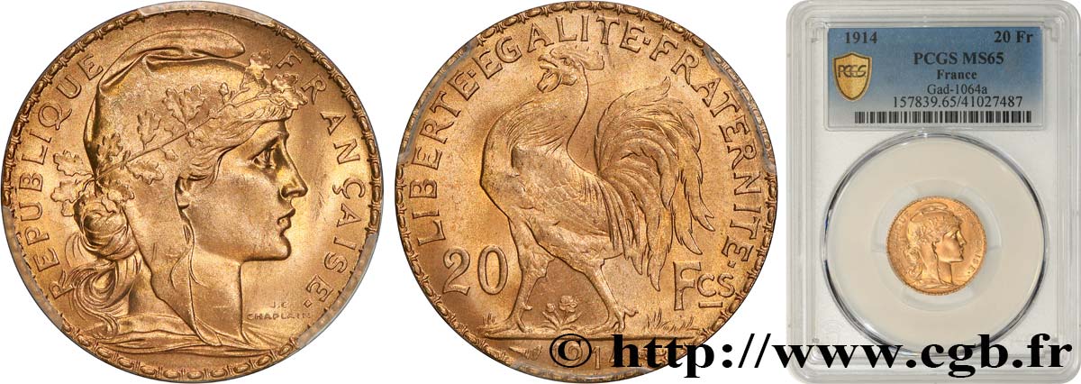 20 francs or Coq, Liberté Égalité Fraternité 1914 Paris F.535/8 ST65 PCGS