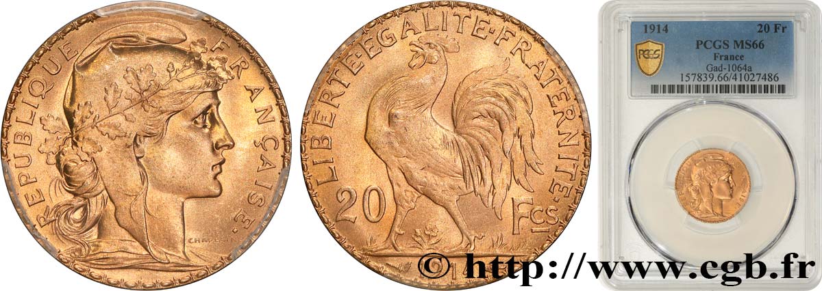 20 francs or Coq, Liberté Égalité Fraternité 1914 Paris F.535/8 MS66 PCGS
