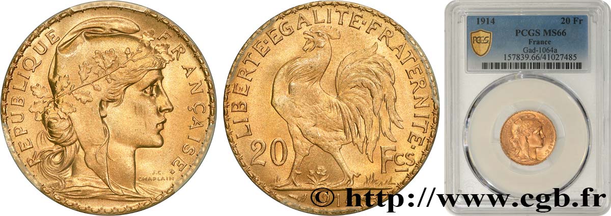 20 francs or Coq, Liberté Égalité Fraternité 1914 Paris F.535/8 ST66 PCGS
