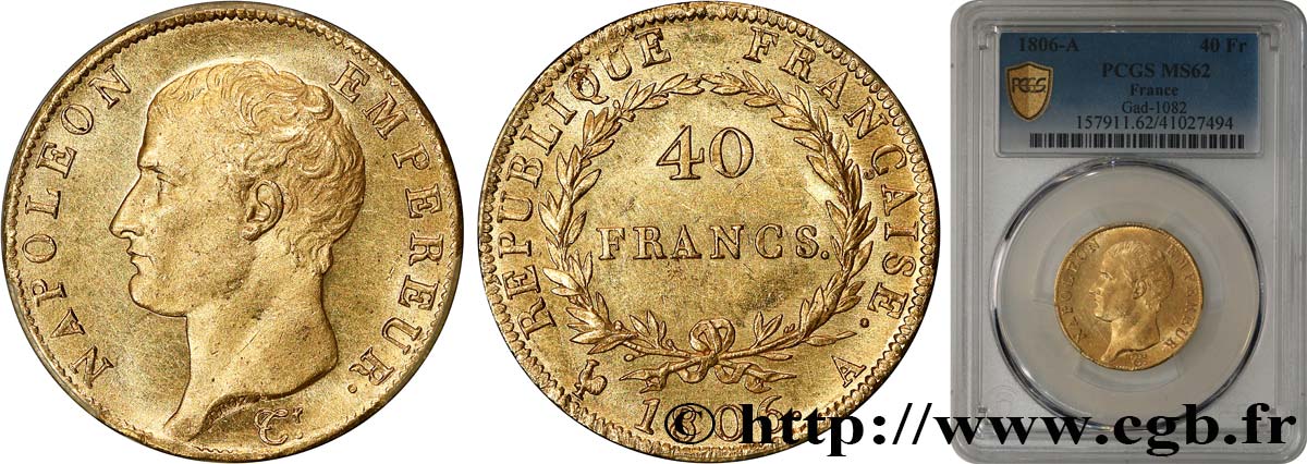 40 francs or Napoléon tête nue, Calendrier grégorien 1806 Paris F.538/1 SPL62 PCGS