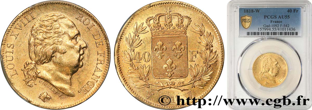 40 francs or Louis XVIII 1818 Lille F.542/8 AU55 PCGS