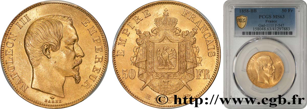 50 francs or Napoléon III, tête nue 1858 Strasbourg F.547/6 SC63 PCGS