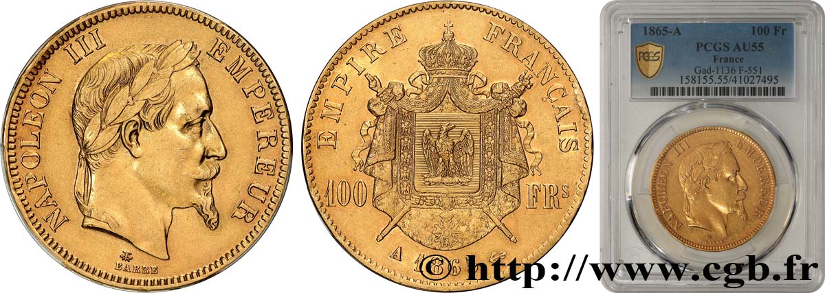 100 francs or Napoléon III, tête laurée 1865 Paris F.551/5 SUP55 PCGS