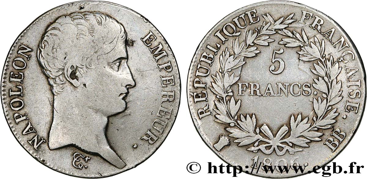 5 francs Napoléon Empereur, Calendrier grégorien 1806 Strasbourg F.304/3 VF 