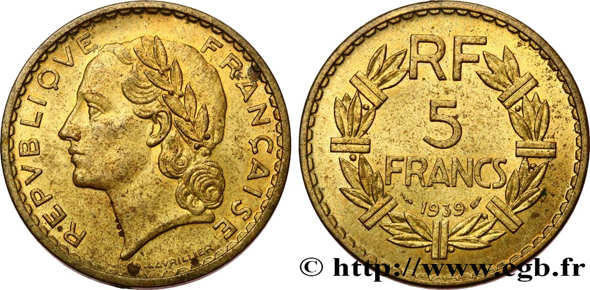 5 francs Lavrillier, bronze-aluminium 1939  F.337/3 EBC60 