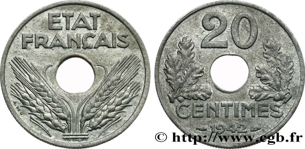 20 centimes État français, lourde 1942  F.153/4 AU50 
