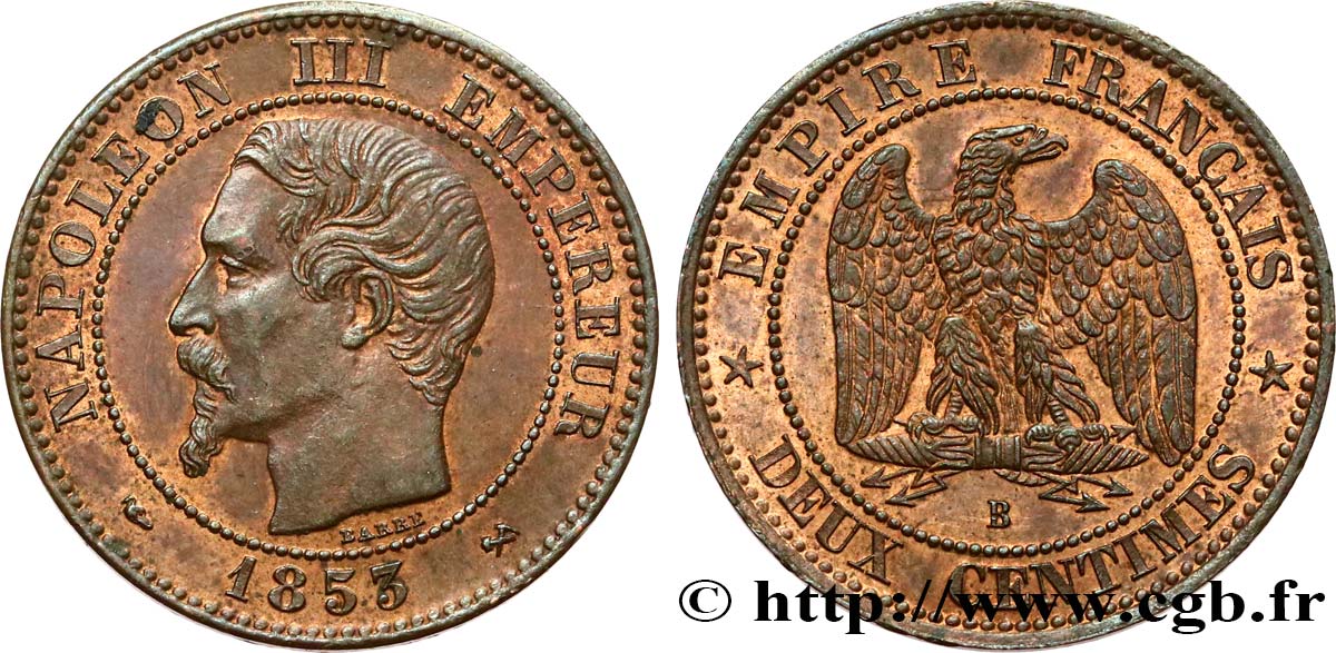 Deux centimes Napoléon III, tête nue 1853 Rouen F.107/2 EBC55 