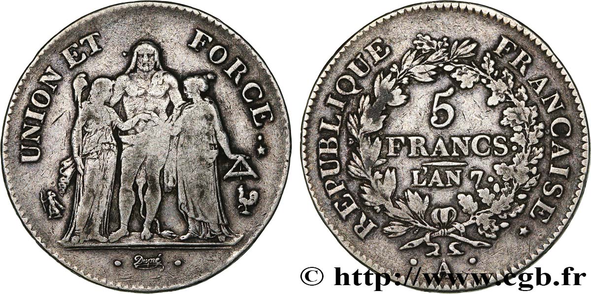5 francs Union et Force, Union serré, seulement gland extérieur, petite feuille 1799 Paris F.288/99 S30 