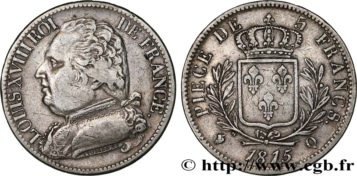 5 francs Louis XVIII, buste habillé 1815 Perpignan F.308/28 MB35 