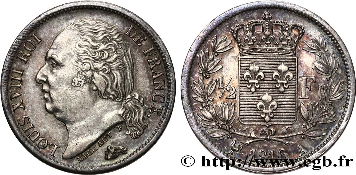 1/2 franc Louis XVIII 1816 Paris F.179/1 EBC 