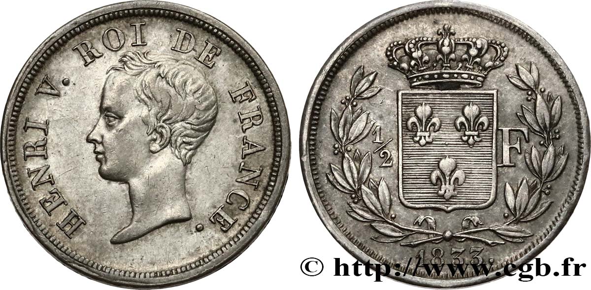 1/2 franc, buste juvénile 1833  VG.2713  VZ 