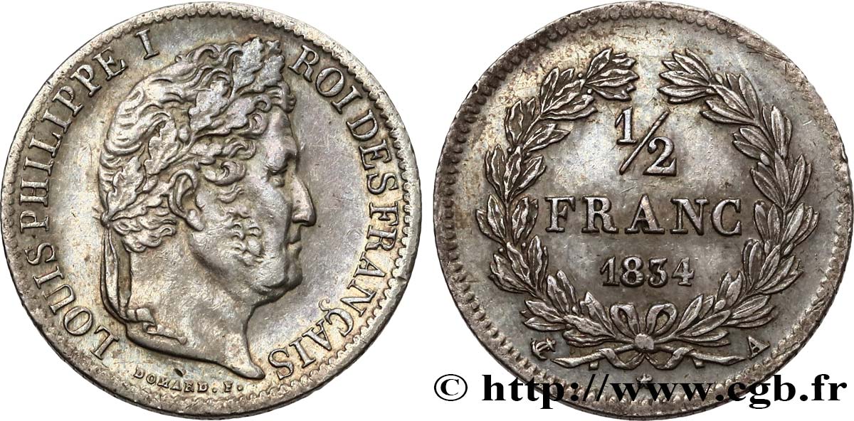 1/2 franc Louis-Philippe, Fauté décalage dans l’axe 1834 Paris F.182/40 MBC+ 