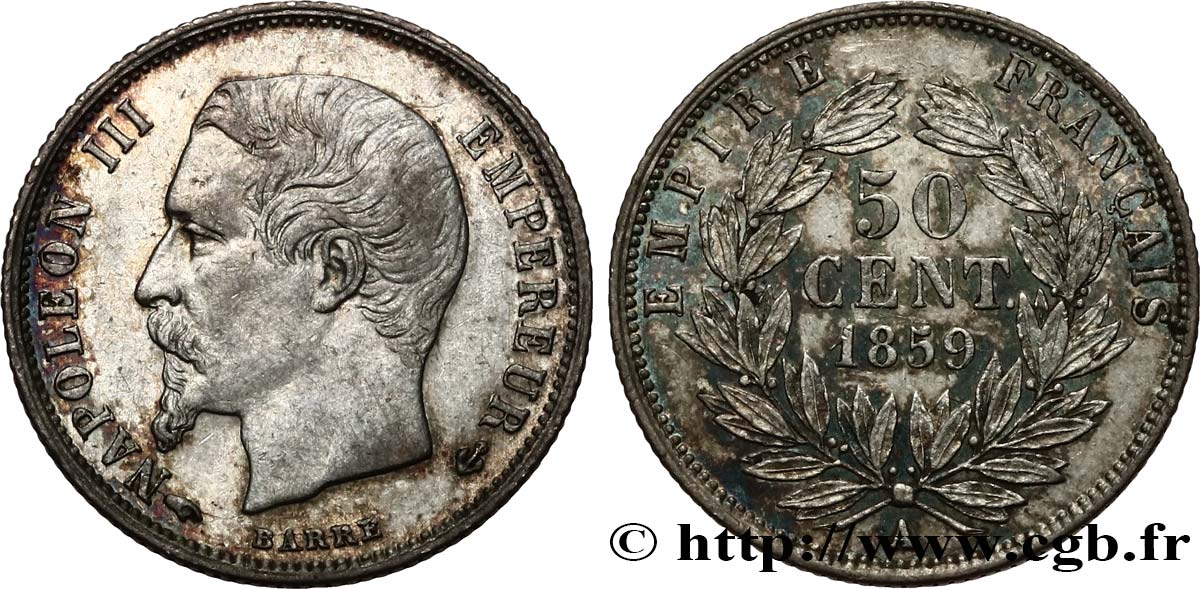 50 centimes Napoléon III, tête nue 1859 Paris F.187/10 AU/AU 