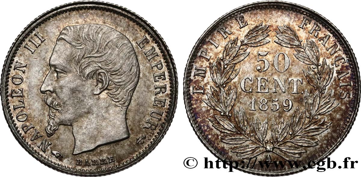 50 centimes Napoléon III, tête nue 1859 Paris F.187/10 fST63 