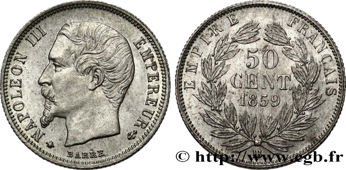 50 centimes Napoléon III, tête nue 1859 Strasbourg F.187/11 SPL62 