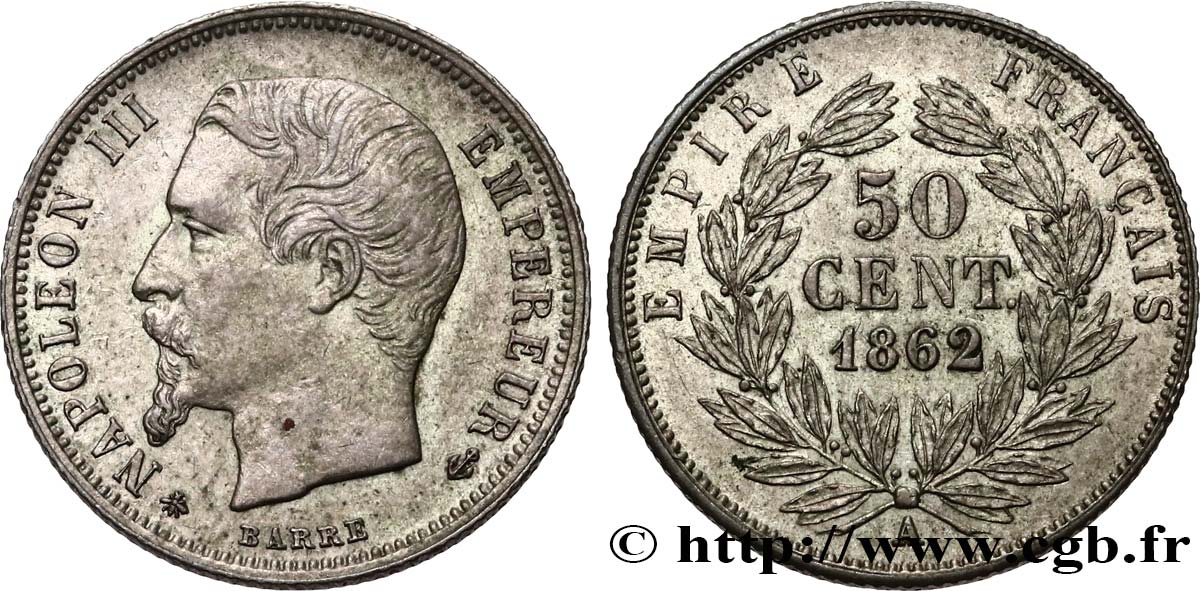 50 centimes Napoléon III, tête nue 1862 Paris F.187/16 SUP 