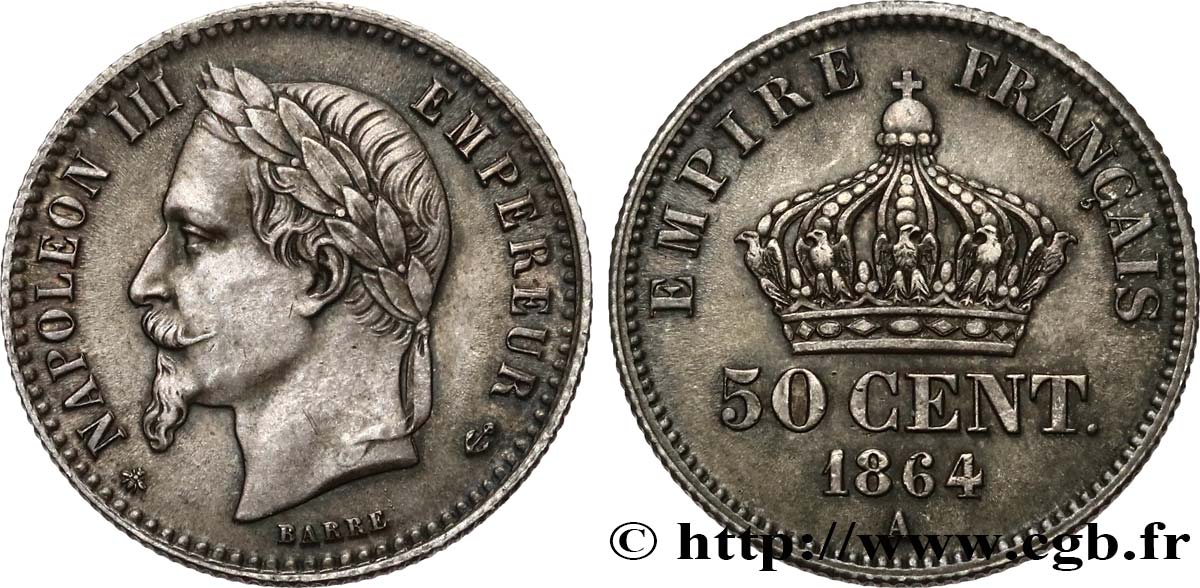 50 centimes Napoléon III, tête laurée 1864 Paris F.188/2 VZ61 