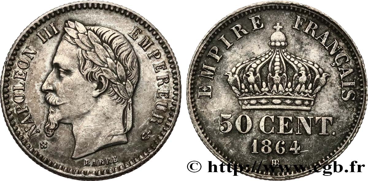 50 centimes Napoléon III, tête laurée 1864 Strasbourg F.188/3 TTB+ 