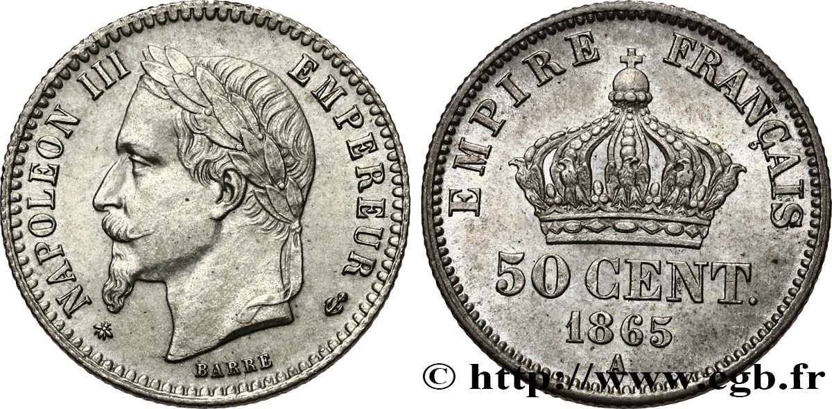 50 centimes Napoléon III, tête laurée 1865 Paris F.188/5 EBC62 