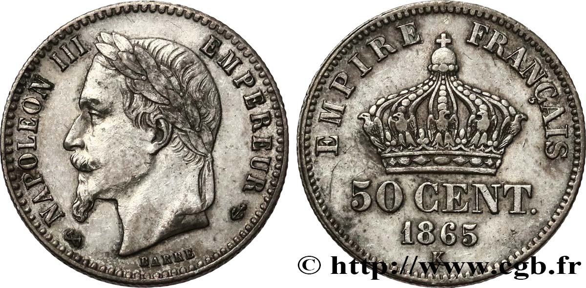 50 centimes Napoléon III, tête laurée 1865 Bordeaux F.188/8 AU 