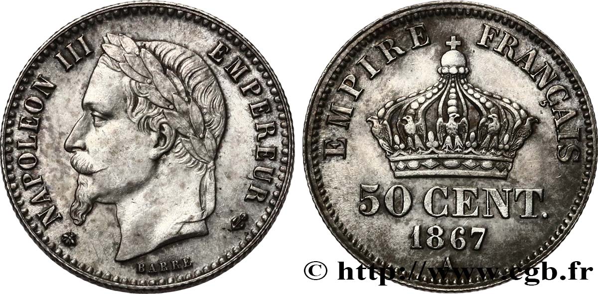 50 centimes Napoléon III, tête laurée 1867 Paris F.188/13 SPL+ 