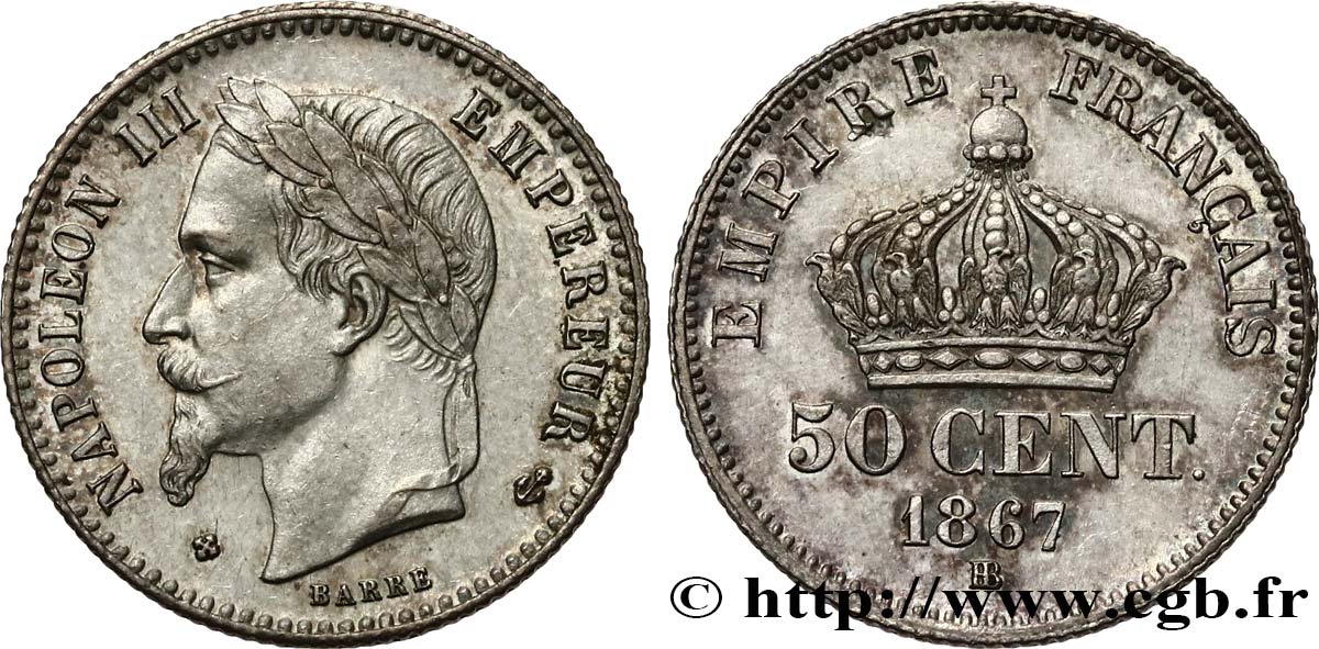 50 centimes Napoléon III, tête laurée, différent au milieu 1867 Strasbourg F.188/17 SUP+ 