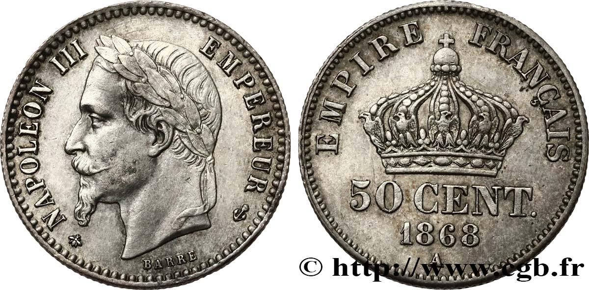 50 centimes Napoléon III, tête laurée 1868 Paris F.188/20 TTB+ 