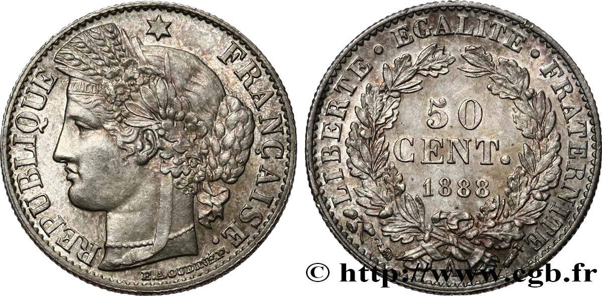 50 centimes Cérès, Troisième République 1888 Paris F.189/13 SUP62 