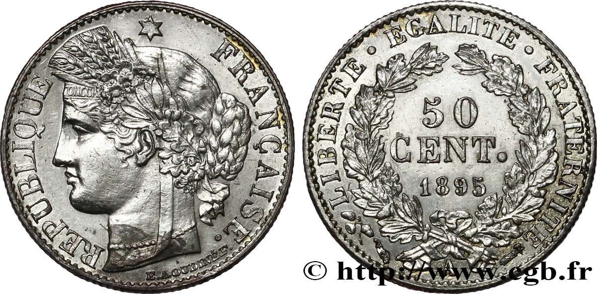 50 centimes Cérès, IIIe République 1895 Paris F.189/16 AU58 