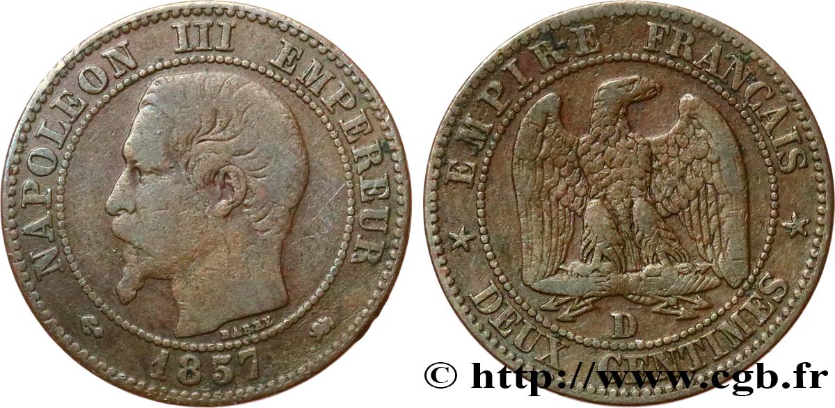 Deux centimes Napoléon III, tête nue 1857 Lyon F.107/47 VF 