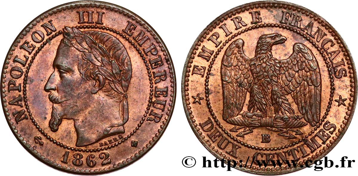 Deux centimes Napoléon III, tête laurée 1862 Strasbourg F.108A/6 SUP60 