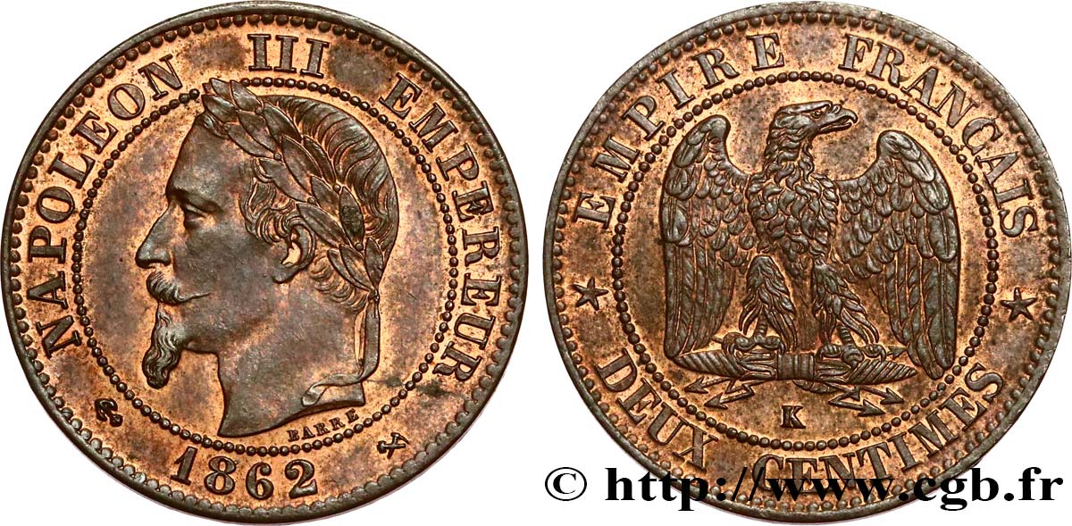 Deux centimes Napoléon III, tête laurée 1862 Bordeaux F.108A/7 SUP62 