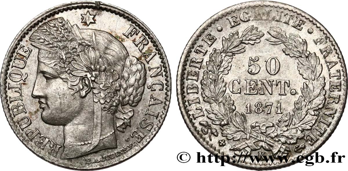 50 centimes Cérès, IIIe République 1871 Bordeaux F.189/2 SUP61 