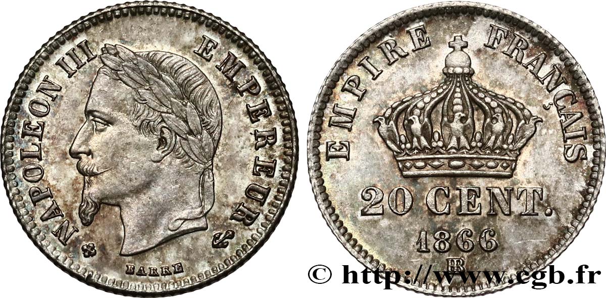 20 centimes Napoléon III, tête laurée, petit module 1866 Strasbourg F.149/5 MS62 