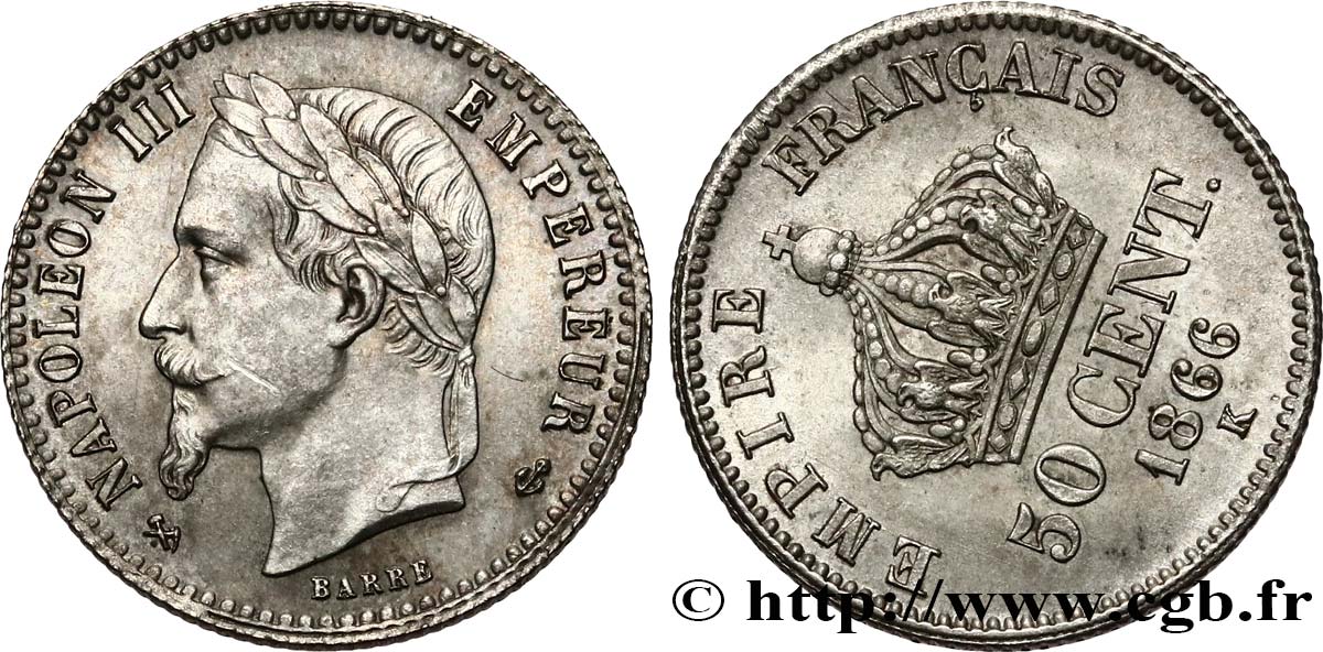 50 centimes Napoléon III, tête laurée, Coins Tournés -9 min/-54° 1866 Bordeaux F.188/11 var. VZ+ 