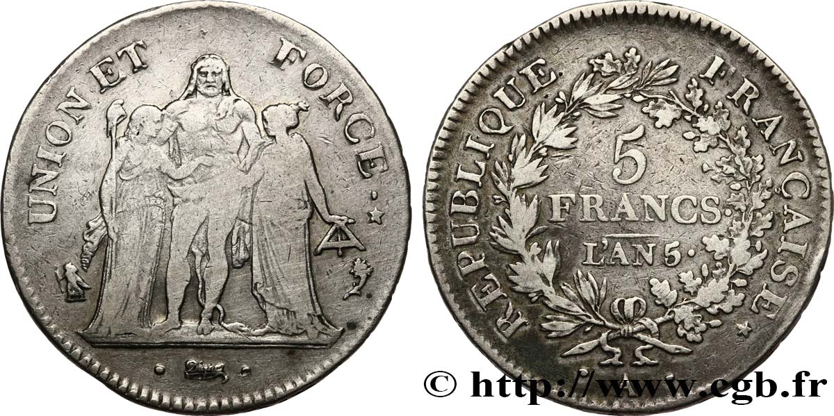 5 francs Union et Force, Union serré, avec glands intérieurs et gland extérieur 1797 Paris F.288/11 TB 