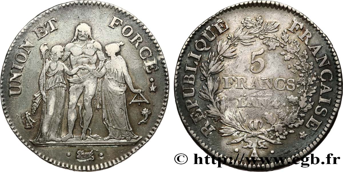 5 francs Union et Force, Union serré, avec glands intérieurs et gland extérieur 1796 Paris F.288/1 MBC 