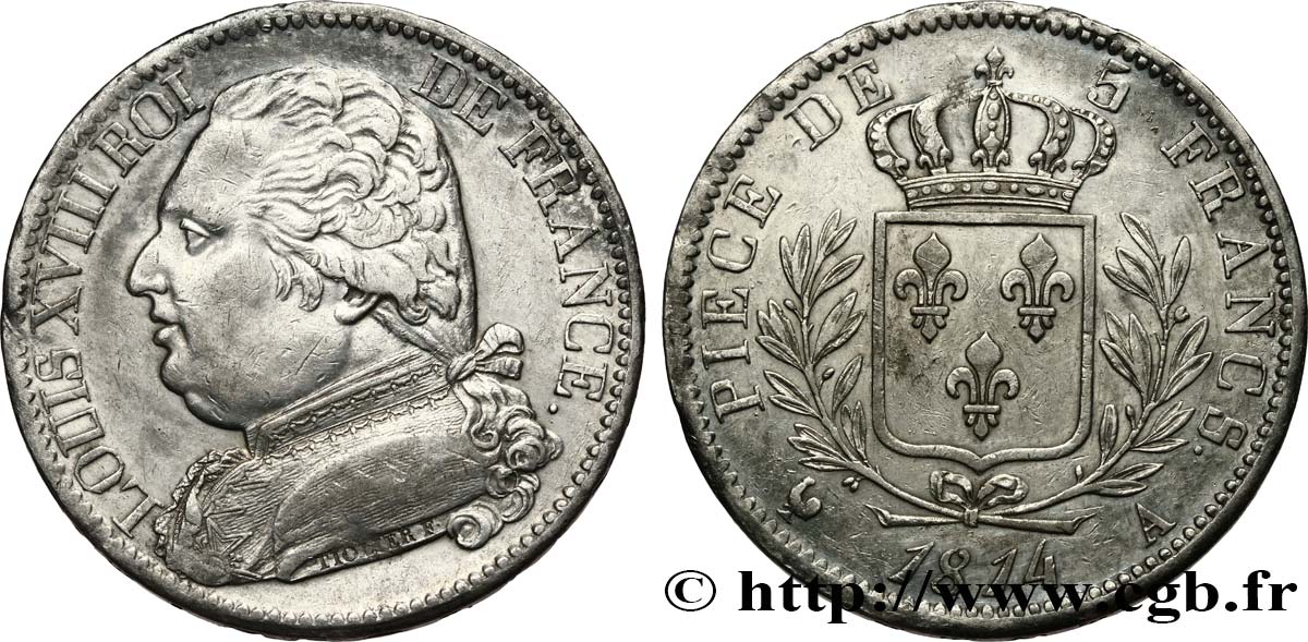 5 francs Louis XVIII, buste habillé 1814 Paris F.308/1 AU 