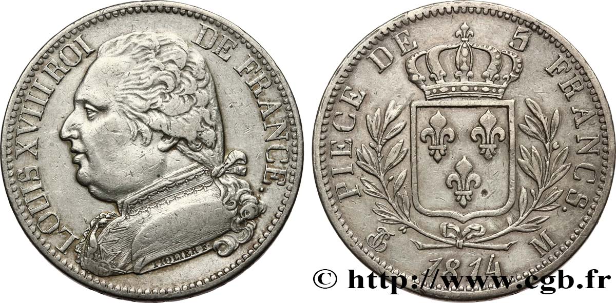 5 francs Louis XVIII, buste habillé 1814 Toulouse F.308/9 XF 